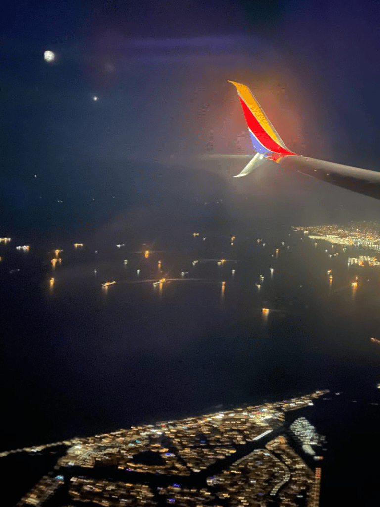View from an airplane window over a city at night